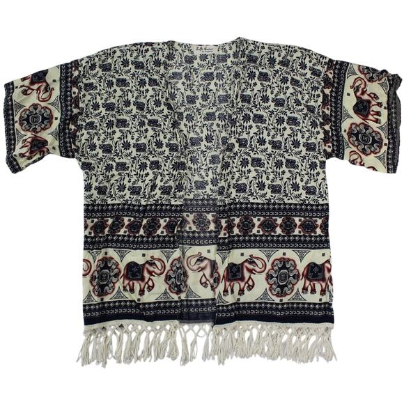 Selfie Couture Elephant Print Kimono Cardigan M/L Boho Fringe Cover Up - Picture 1 of 6